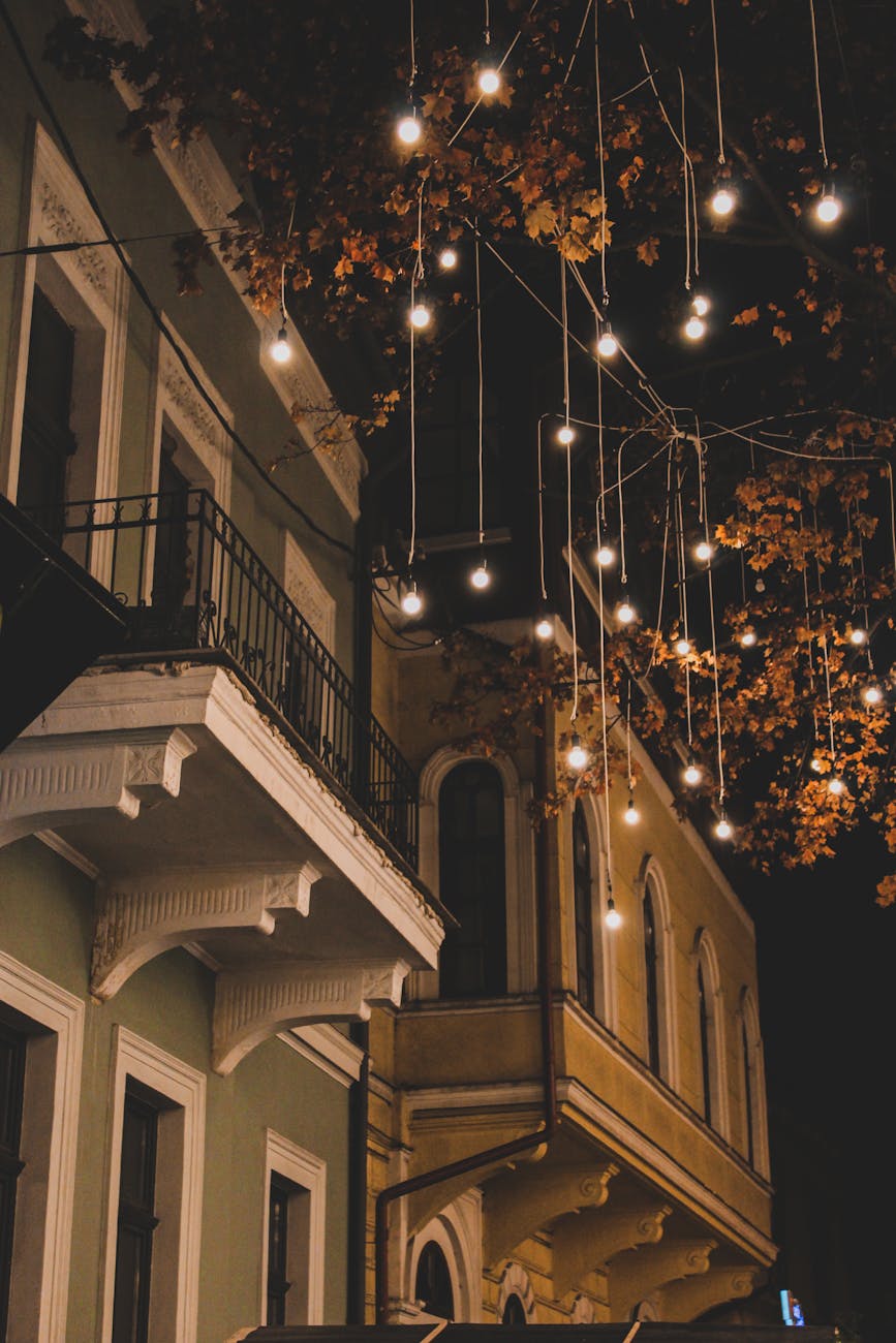 A picturesque European street illuminated with festive lights hanging from trees during nighttime.
